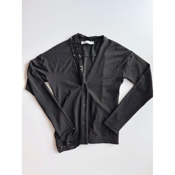 Vintage 90's CHRISTIAN DIOR Black Wool Knit Sequin Trim V-Neck Sweater, Size 6 - Picture 5 of 14